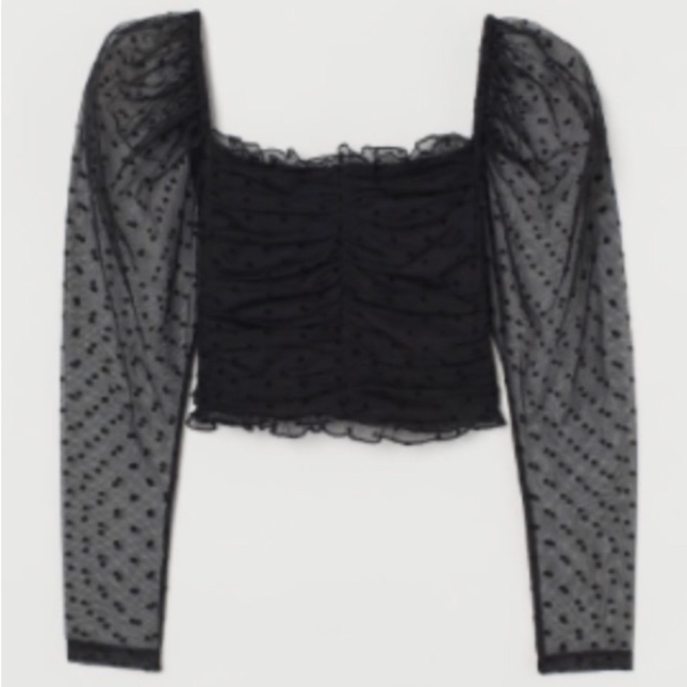 Black polka-dot mesh blouse w/ puff sleeves